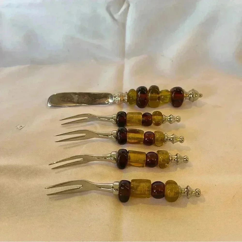 Vintage 1970s Silver Plated Green and Amber Beaded Party Serveware Set of 8